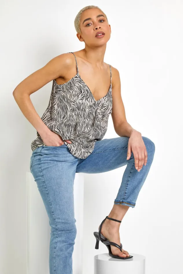 Women White Frill Detail Animal Print Cami Top Roman Tops