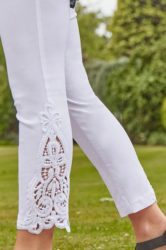 Women White Lace Insert Elastic Waist Cropped Trouser Roman Trousers