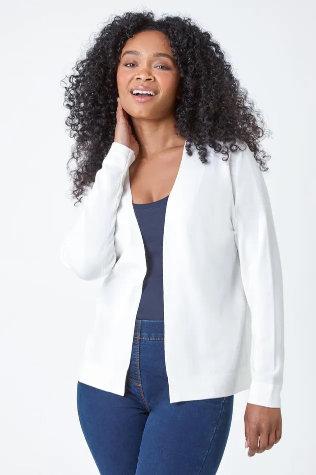 Women White Petite Plain Stretch Cardigan Roman Knitwear