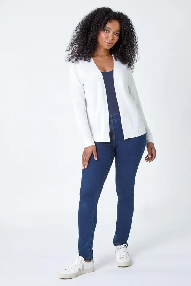 Women White Petite Plain Stretch Cardigan Roman Knitwear