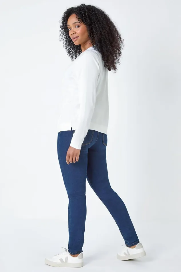 Women White Petite Plain Stretch Cardigan Roman Knitwear