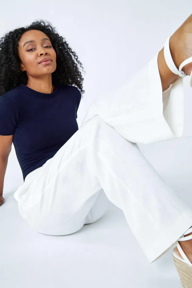 Women White Petite Wide Leg Linen Blend Trouser Roman Trousers