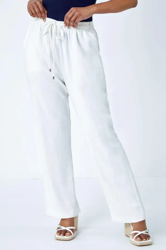 Women White Petite Wide Leg Linen Blend Trouser Roman Trousers