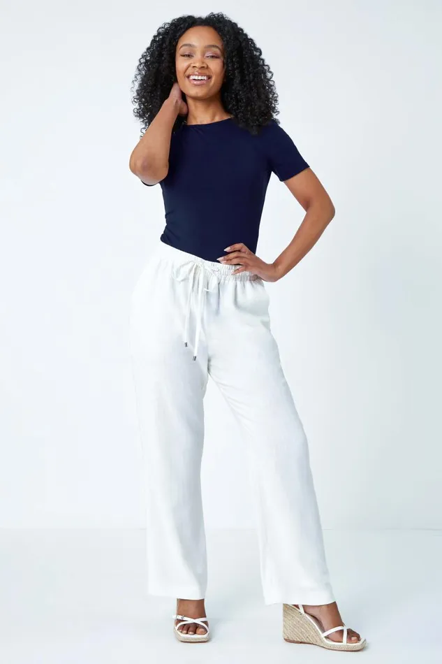 Women White Petite Wide Leg Linen Blend Trouser Roman Trousers