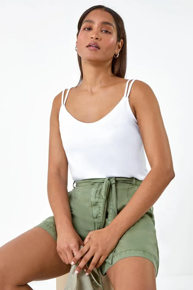 Women White Plain Double Strap VNeck Stretch Vest Top Roman Tops