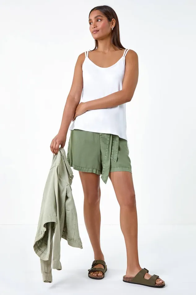Women White Plain Double Strap VNeck Stretch Vest Top Roman Tops