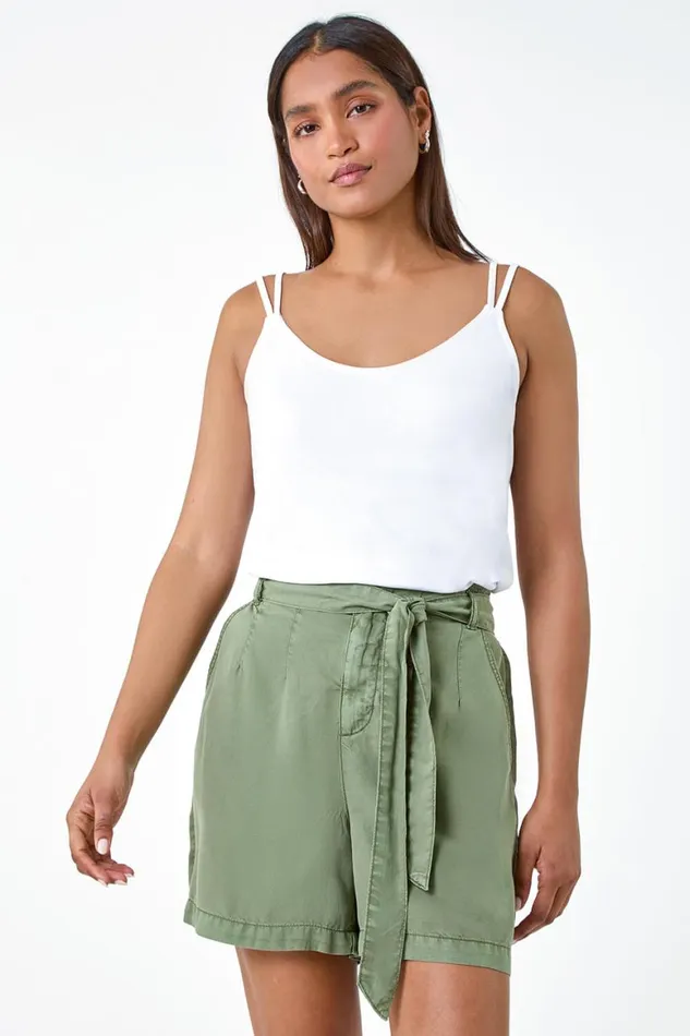 Women White Plain Double Strap VNeck Stretch Vest Top Roman Tops