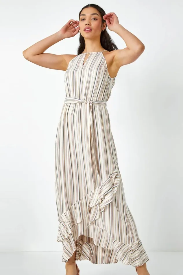 Women White Stripe Print Frill Detail Maxi Dress Roman Dresses