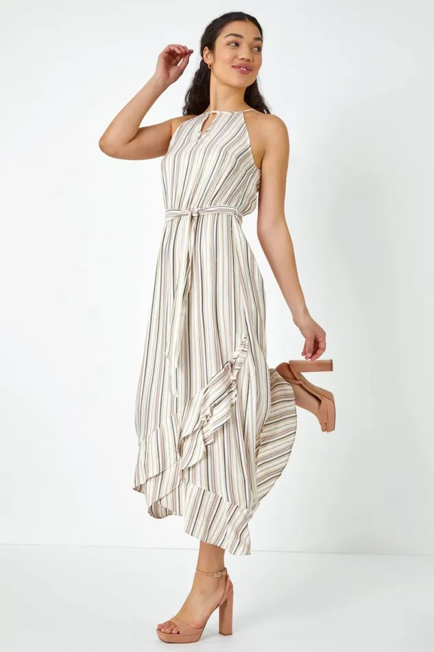 Women White Stripe Print Frill Detail Maxi Dress Roman Dresses