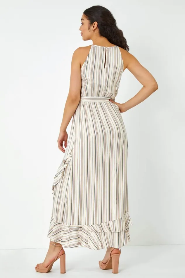 Women White Stripe Print Frill Detail Maxi Dress Roman Dresses