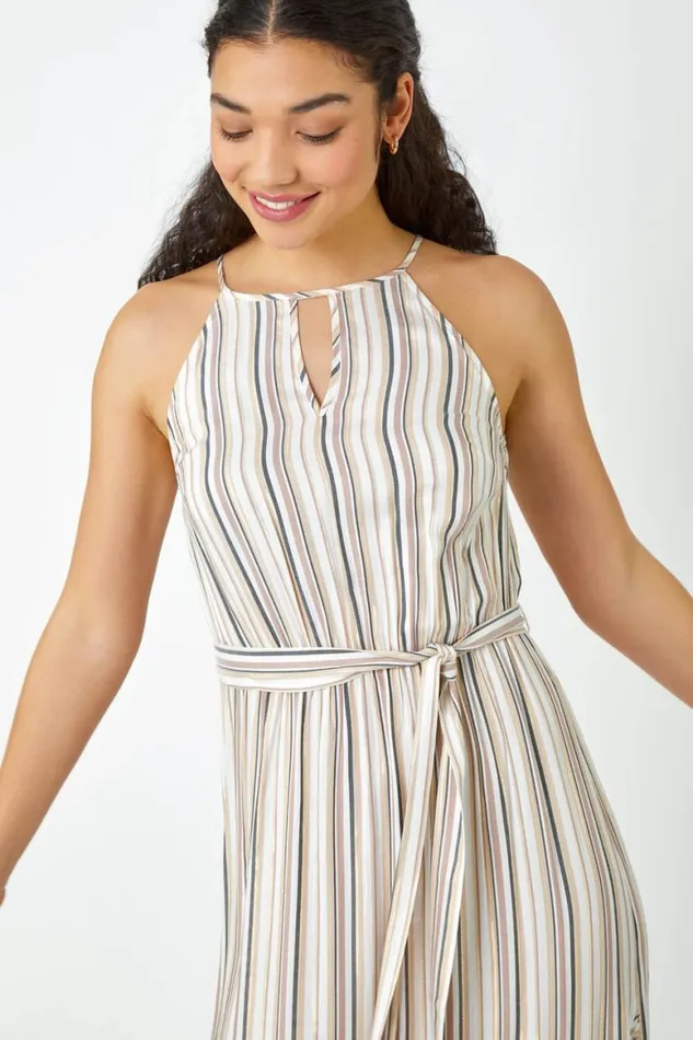 Women White Stripe Print Frill Detail Maxi Dress Roman Dresses
