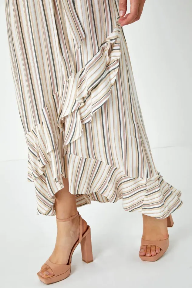 Women White Stripe Print Frill Detail Maxi Dress Roman Dresses