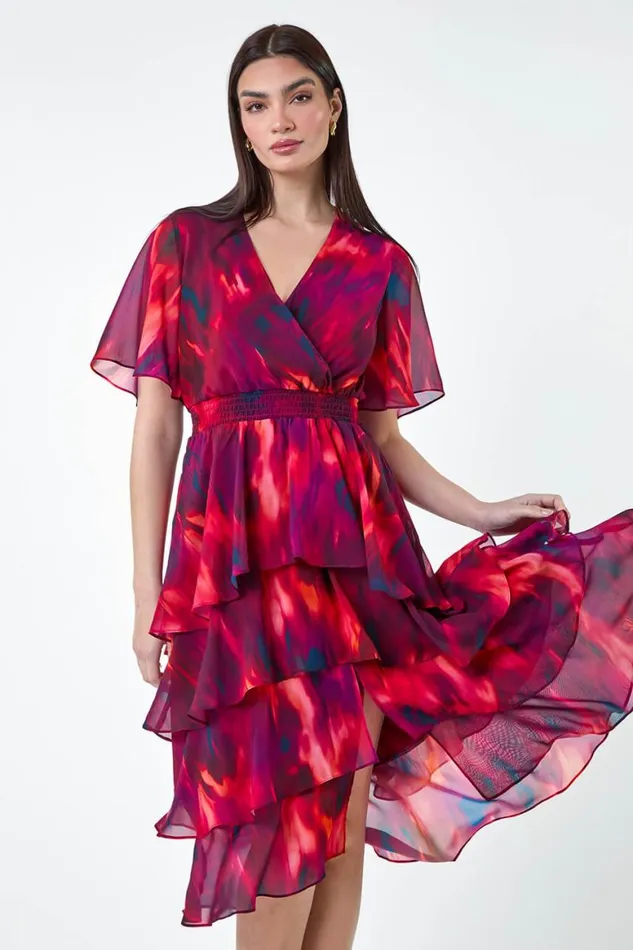 Women Wine Abstract Print Chiffon Tiered Midi Dress Roman Dresses