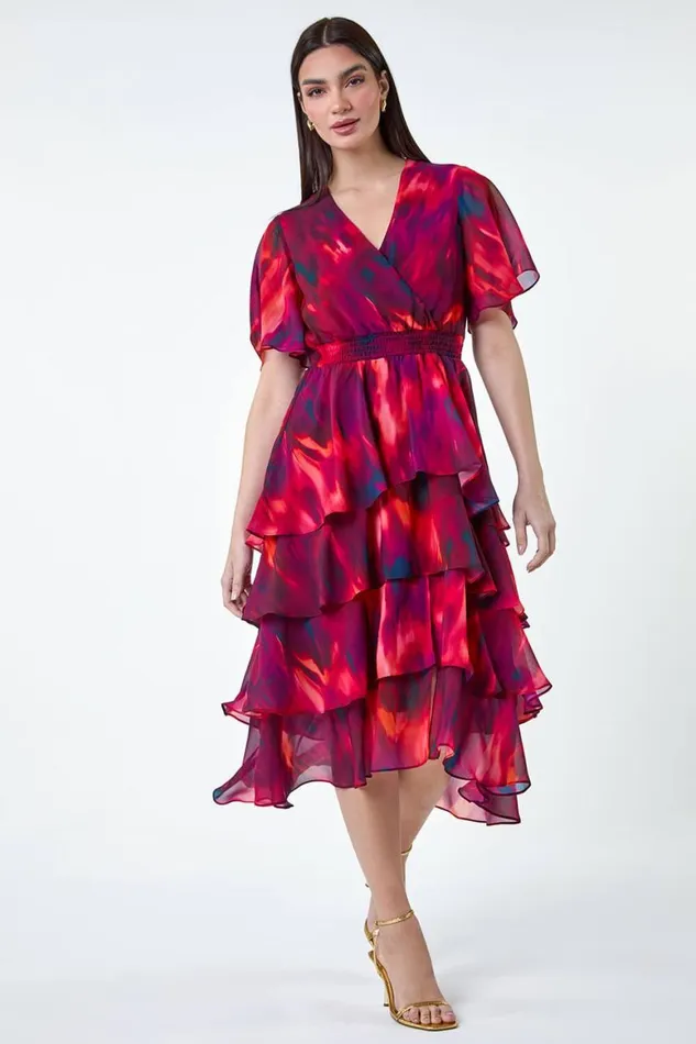 Women Wine Abstract Print Chiffon Tiered Midi Dress Roman Dresses