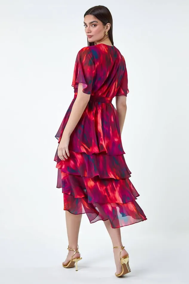 Women Wine Abstract Print Chiffon Tiered Midi Dress Roman Dresses