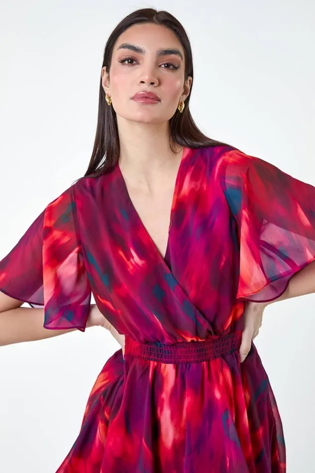 Women Wine Abstract Print Chiffon Tiered Midi Dress Roman Dresses
