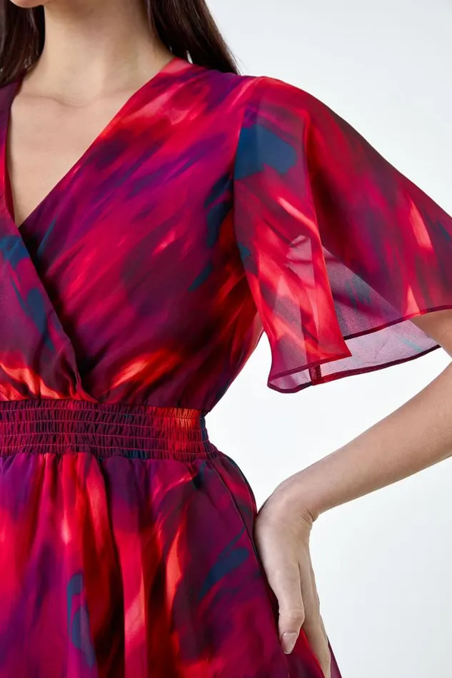 Women Wine Abstract Print Chiffon Tiered Midi Dress Roman Dresses