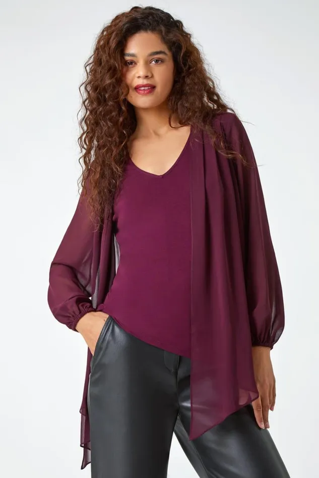 Women Wine Contrast Chiffon Overlay Stretch Top Roman Tops