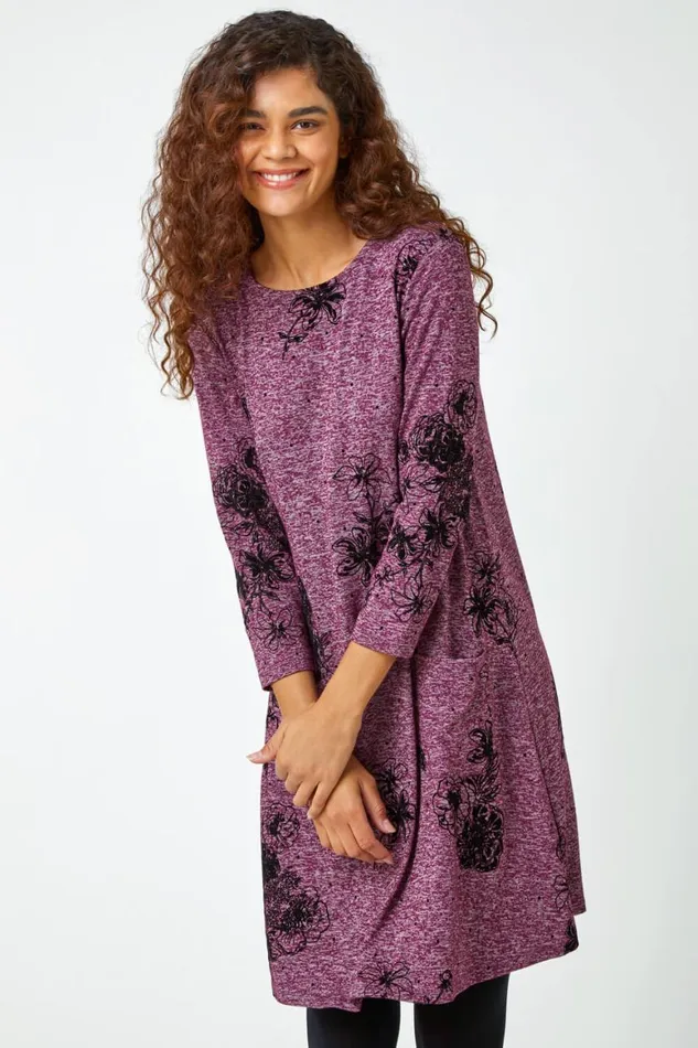 Women Wine Floral Pocket Swing Stretch Dress Roman Dresses