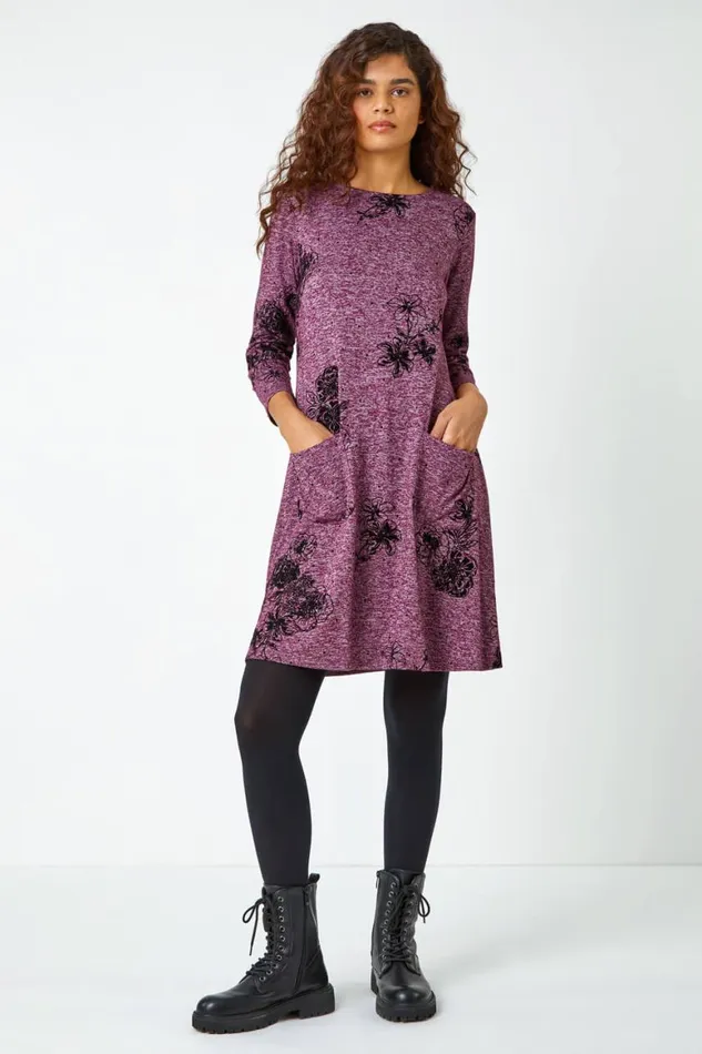 Women Wine Floral Pocket Swing Stretch Dress Roman Dresses