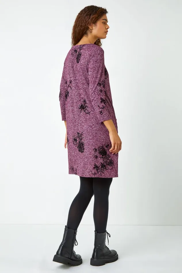 Women Wine Floral Pocket Swing Stretch Dress Roman Dresses