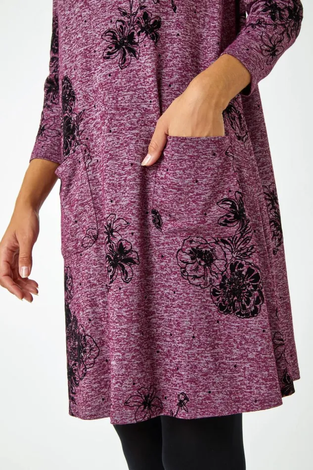 Women Wine Floral Pocket Swing Stretch Dress Roman Dresses