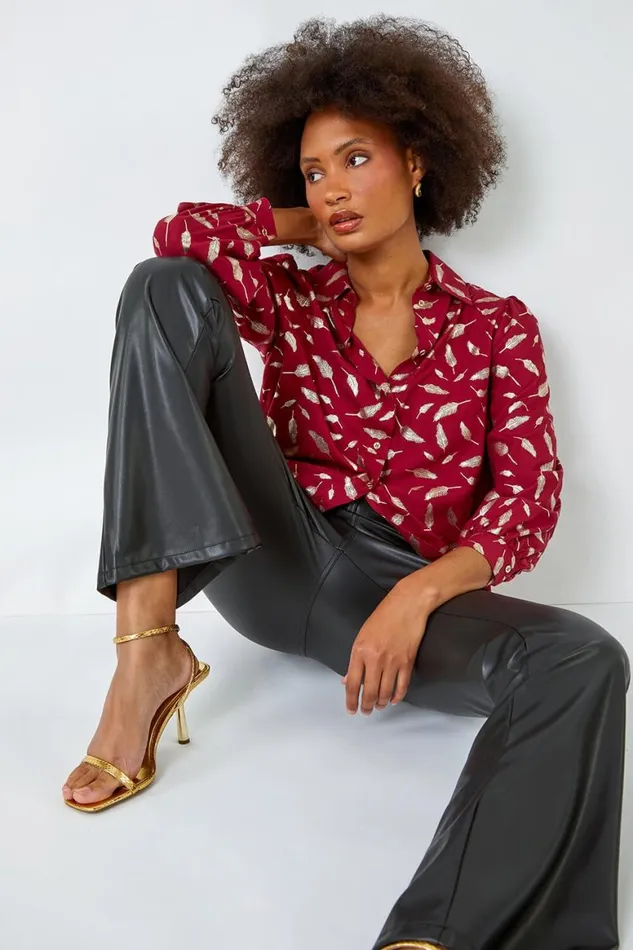 Women Wine Metallic Feather Print Shirt Roman Tops