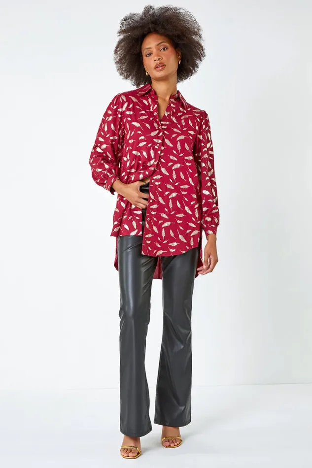 Women Wine Metallic Feather Print Shirt Roman Tops