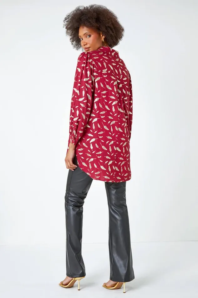 Women Wine Metallic Feather Print Shirt Roman Tops