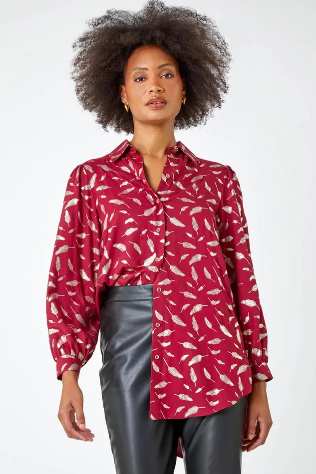 Women Wine Metallic Feather Print Shirt Roman Tops