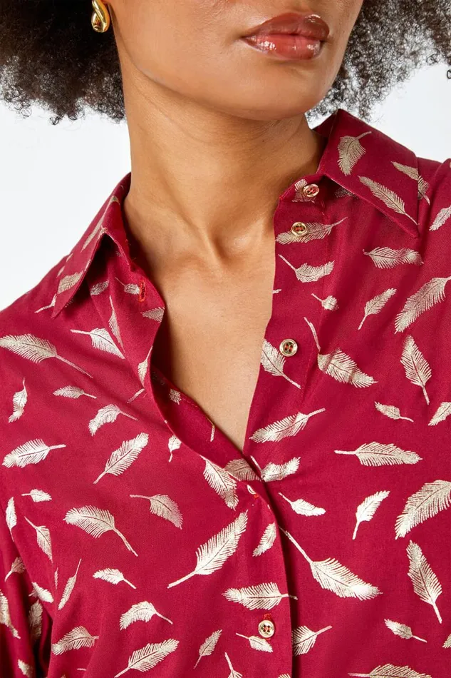Women Wine Metallic Feather Print Shirt Roman Tops