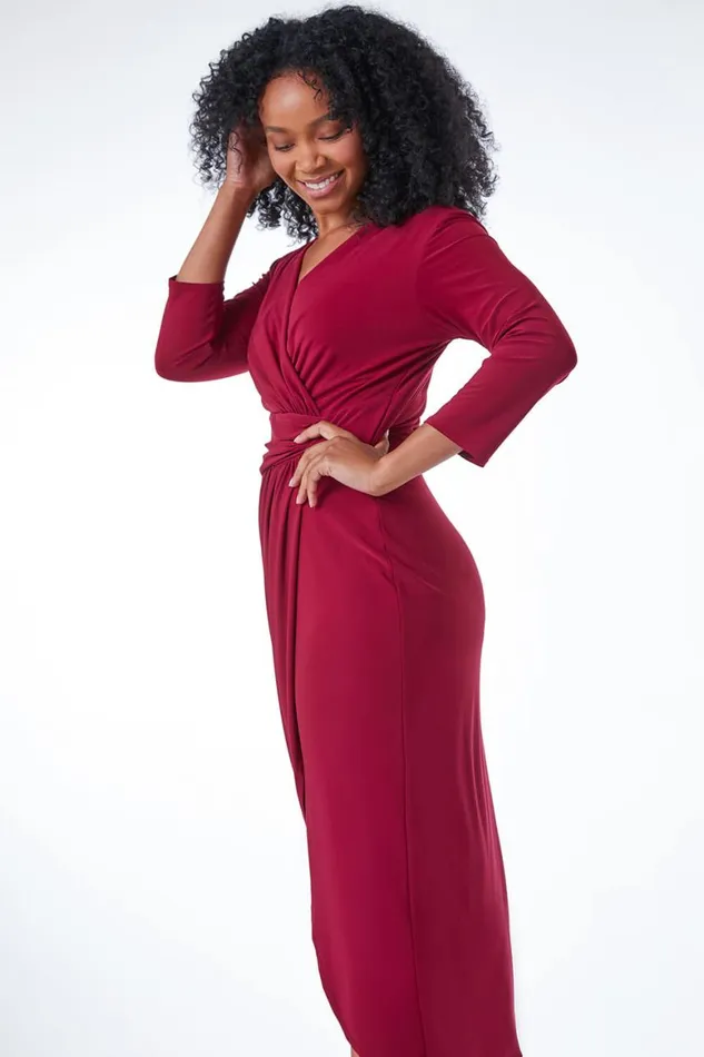 Women Wine Petite Ruched Side Wrap Stretch Midi Dress Roman Dresses