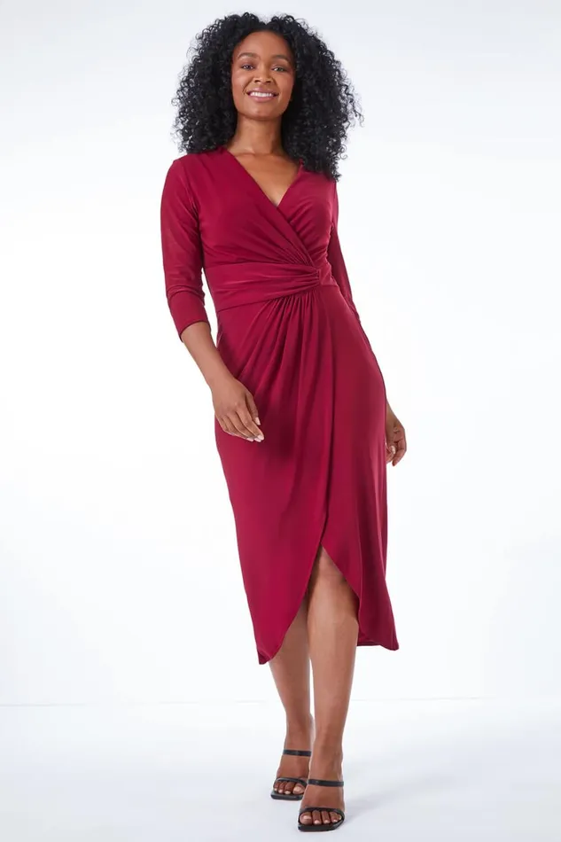 Women Wine Petite Ruched Side Wrap Stretch Midi Dress Roman Dresses