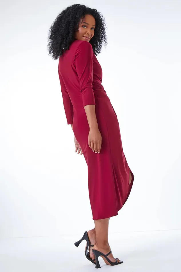 Women Wine Petite Ruched Side Wrap Stretch Midi Dress Roman Dresses