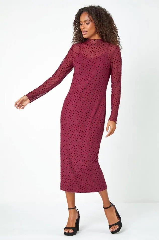 Women Wine Polka Dot Mesh Stretch Bodycon Midi Dress Roman Dresses