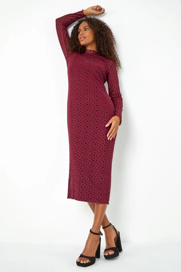 Women Wine Polka Dot Mesh Stretch Bodycon Midi Dress Roman Dresses