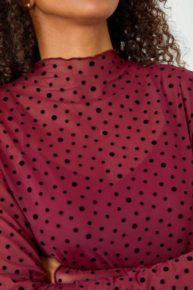 Women Wine Polka Dot Mesh Stretch Bodycon Midi Dress Roman Dresses