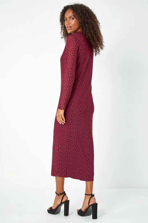 Women Wine Polka Dot Mesh Stretch Bodycon Midi Dress Roman Dresses