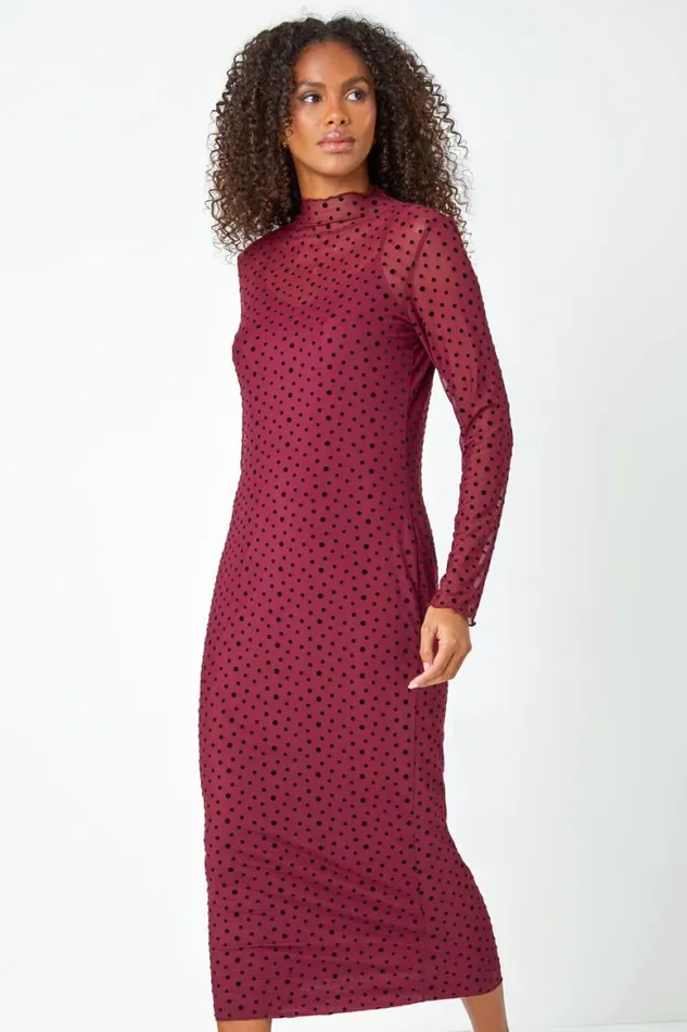 Women Wine Polka Dot Mesh Stretch Bodycon Midi Dress Roman Dresses