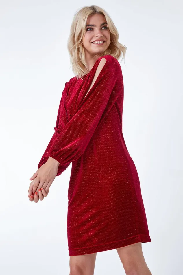 Women Wine Split Sleeve Velvet Mini Dress Roman Dresses
