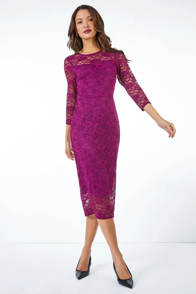 Women Wine Stretch Lace Overlay Midi Dress Roman Dresses