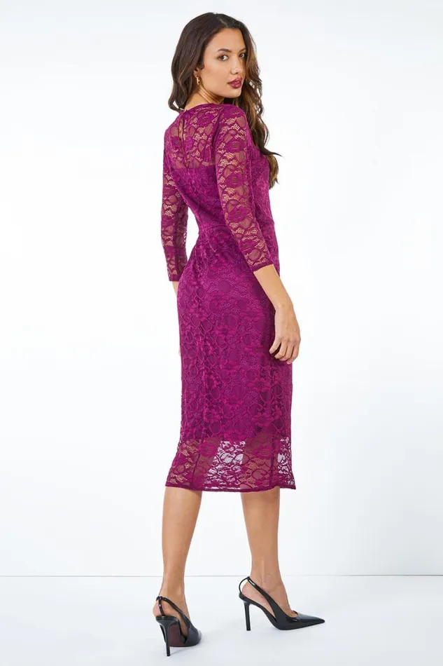 Women Wine Stretch Lace Overlay Midi Dress Roman Dresses