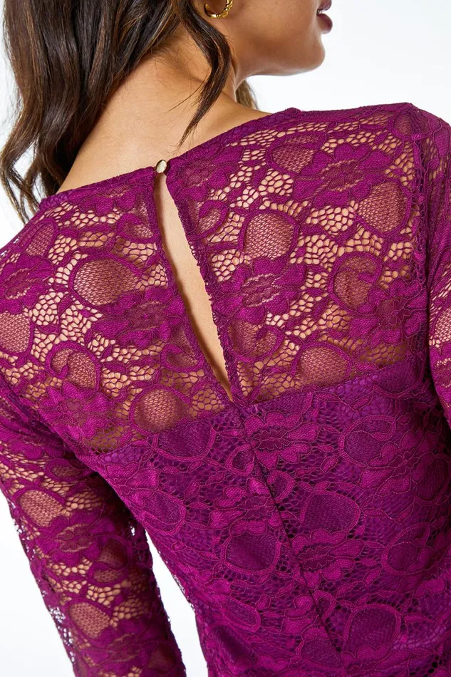 Women Wine Stretch Lace Overlay Midi Dress Roman Dresses