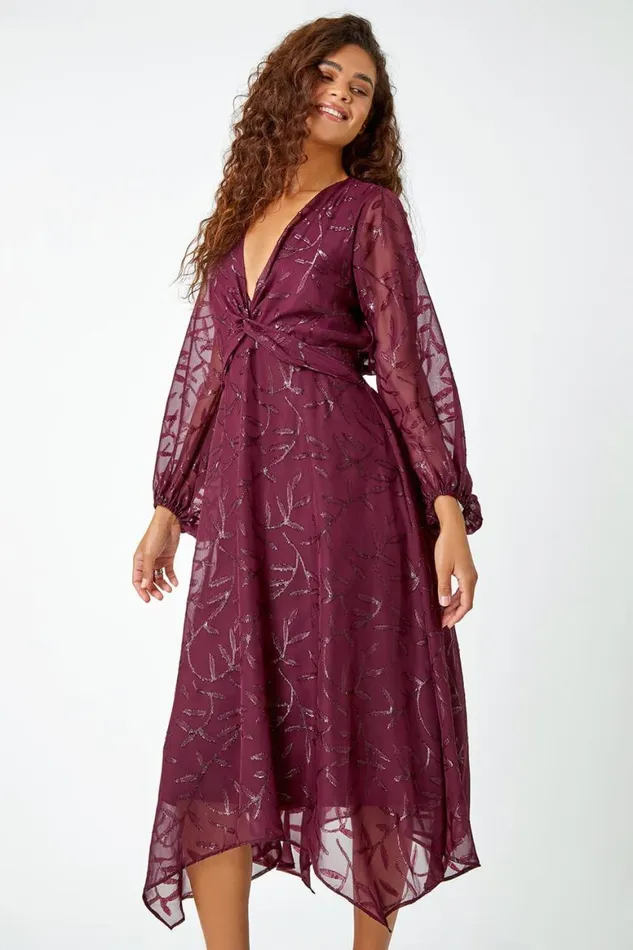 Women Wine Textured Floral Print Twist Front Midi Dress Roman Dresses