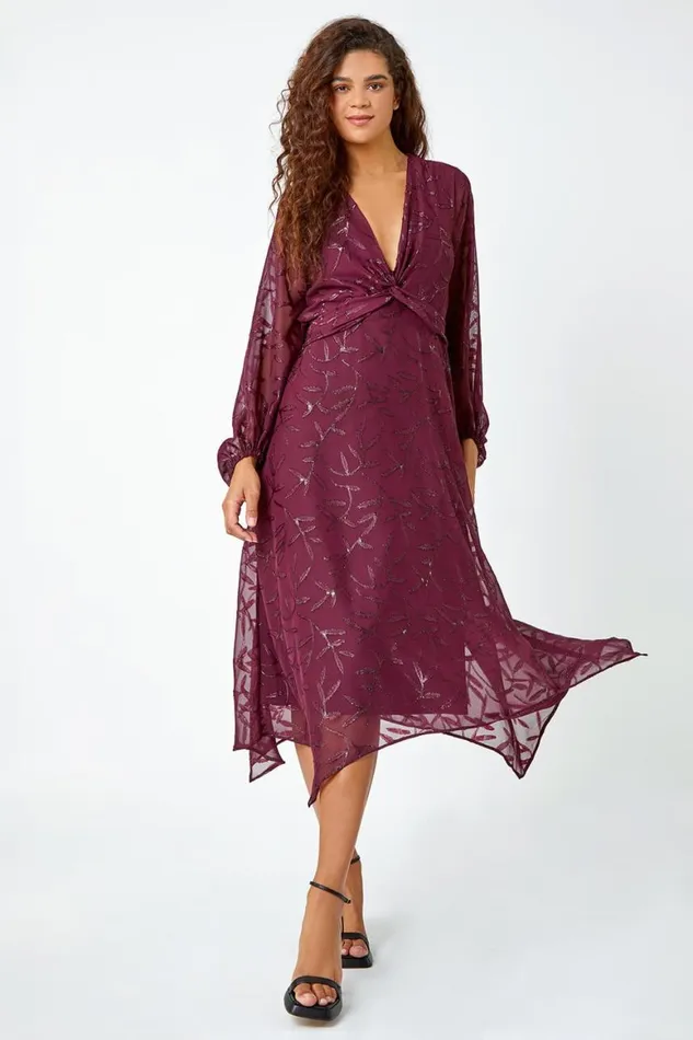Women Wine Textured Floral Print Twist Front Midi Dress Roman Dresses