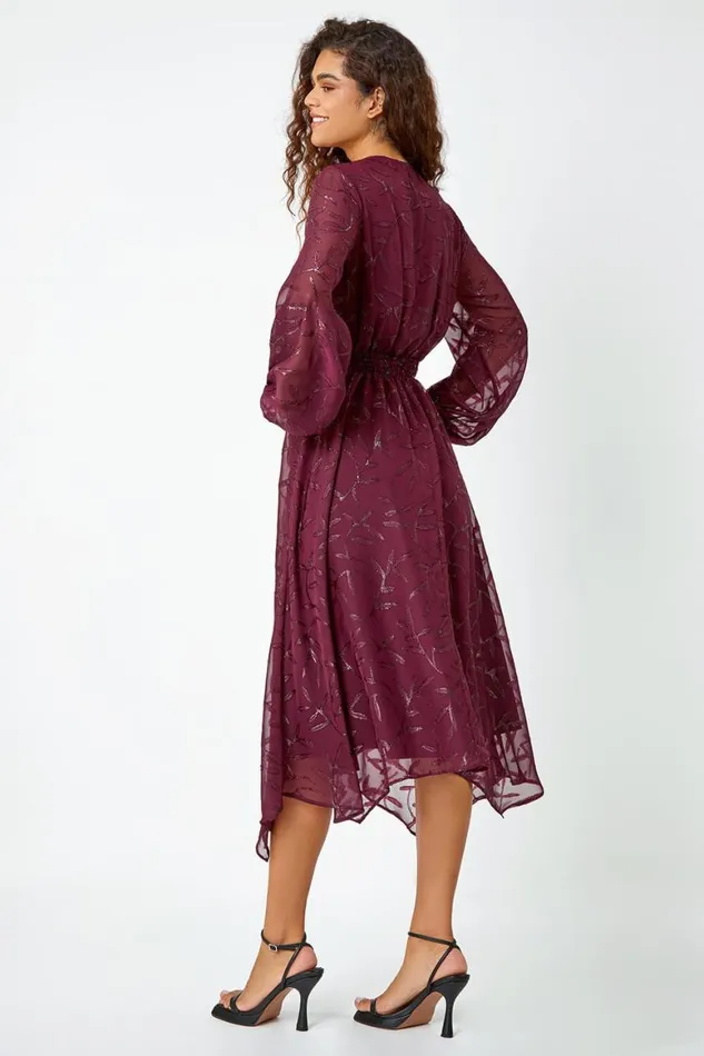Women Wine Textured Floral Print Twist Front Midi Dress Roman Dresses