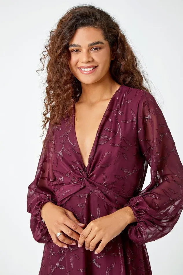 Women Wine Textured Floral Print Twist Front Midi Dress Roman Dresses