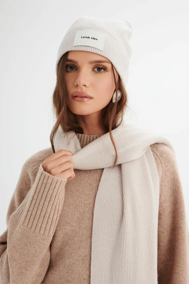 Women Winter Knitwear Lavish Alice EZRA Knitted Cashmere Blend Beanie In Sand Sand