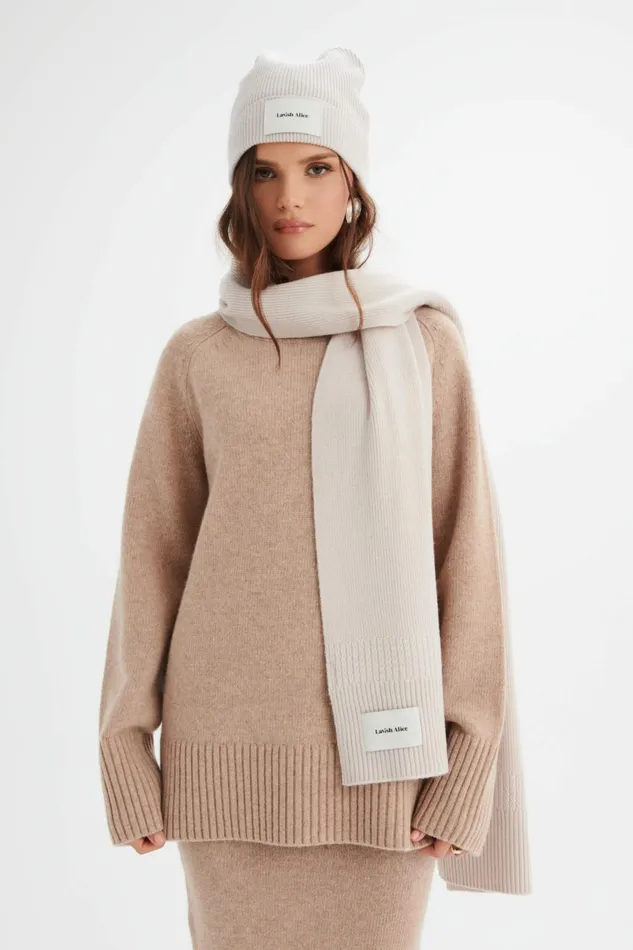 Women Winter Knitwear Lavish Alice EZRA Knitted Cashmere Blend Beanie In Sand Sand