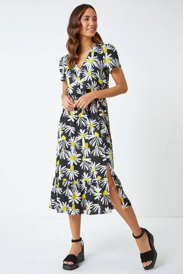 Women Yellow Daisy Print Blouson Midi Dress Roman Dresses